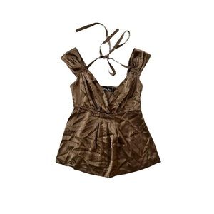 Y2K Guess Jeans Silk Tank Top Brown / Gold Metallic V Neck Strappy Babydoll XS